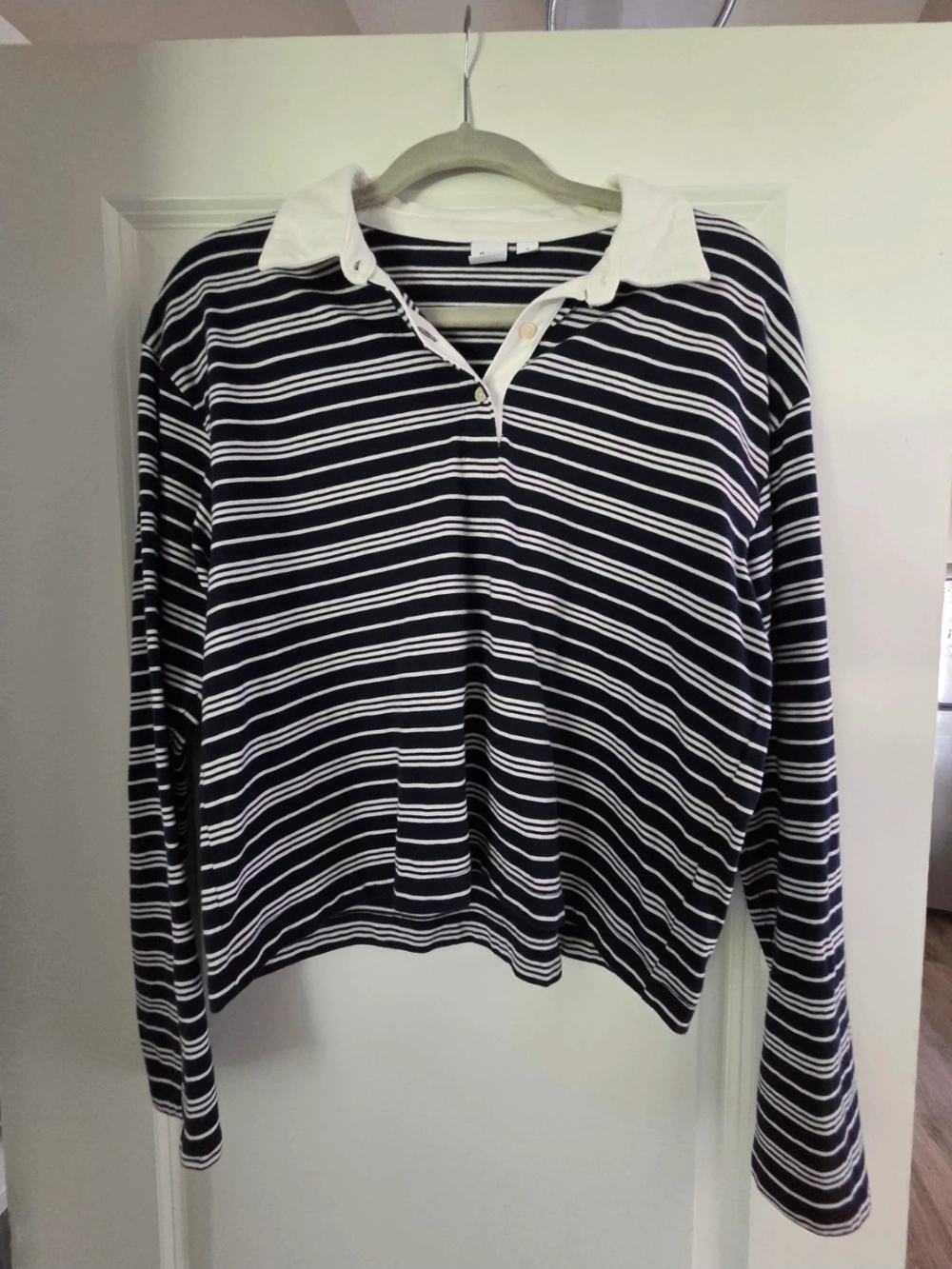 GAP Striped Long Sleeve Polo Top in Navy and White